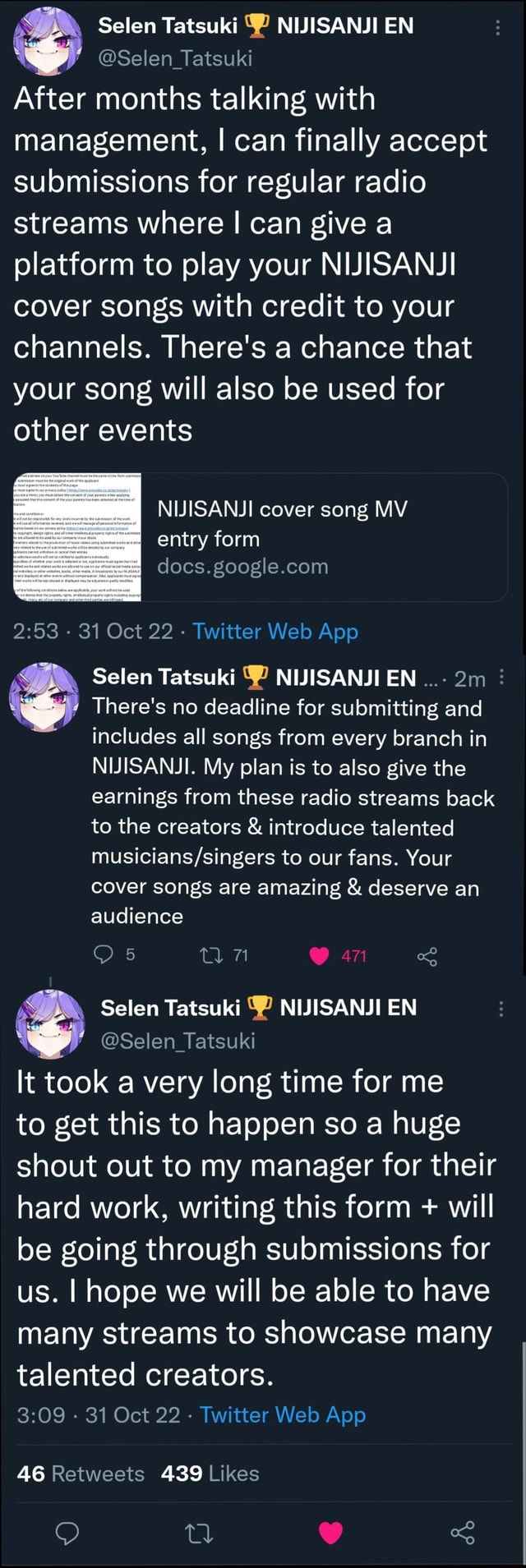 Selen Tatsuki NUISANJI EN @Selen_Tatsuki After months talking with  management, I can finally accept submissions for regular radio streams  where I can give a platform to play your NUJISANJI cover songs with