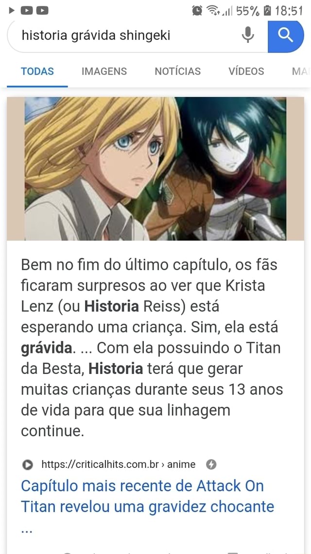 Historia gravida shingeki E) Bem no fim do último capítulo, os fãs ficaram  surpresos ao ver que Krista Lenz (ou Historia Reiss) está esperando uma  criança. Sim, ela está grávida. Com ela