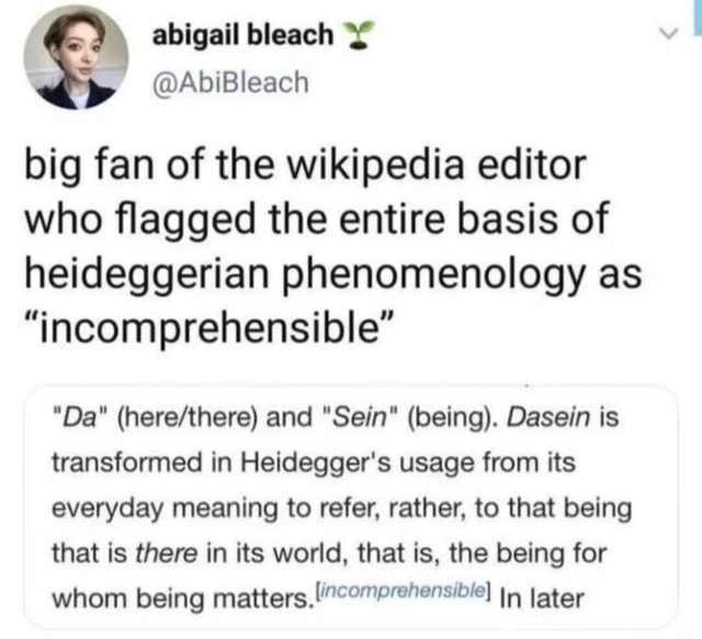 Abigail bleach @AbiBleach big fan of the wikipedia editor who flagged the  entire basis of heideggerian