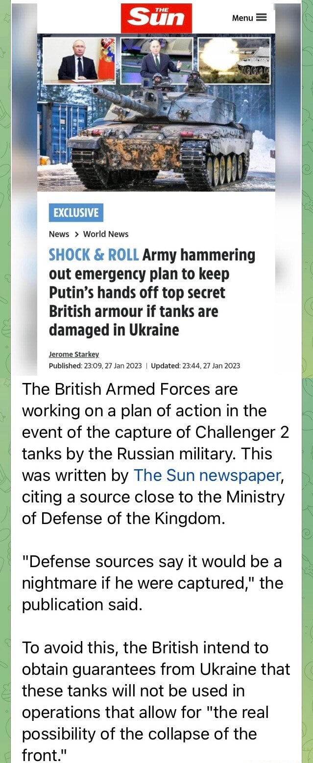 News > World News SHOCK & ROLL Army hammering out emergency plan to keep  Putin's hands off top secret British armour if tanks are damaged in Ukraine  Jerome Starkey Published: 27 Jan