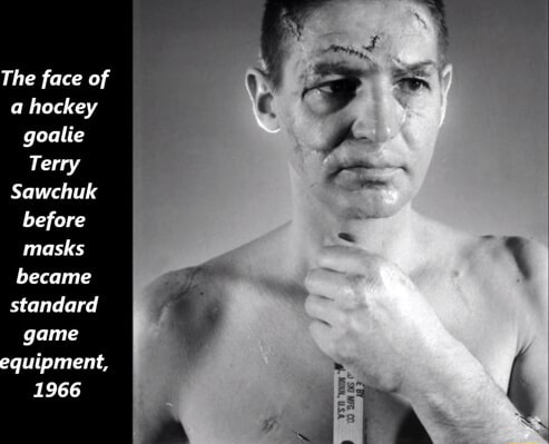 The face of Detroit Red Wings' hockey goalie, Terry Sawchuk, before masks  became standard equipment,1966. (907×1200) : r/HistoryPorn