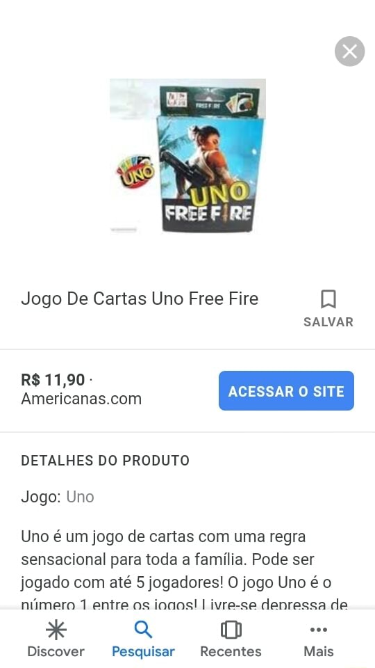 Jogo Uno Free Fire em Promoção na Americanas