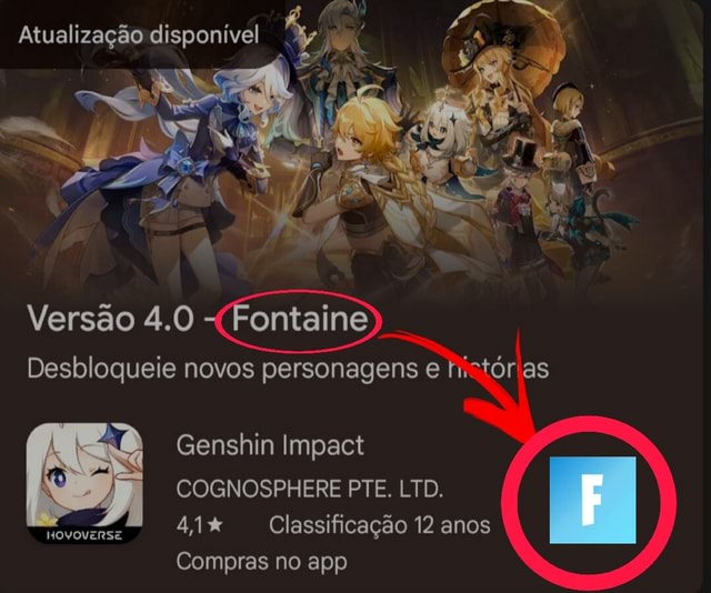 Atualização disponível Versão 4.0 (Fontina) Desbloqueie novos personagens e  as Genshin Impact COGNOSPHERE PTE. LTD. Classificação 12 anos Compras no  app - iFunny Brazil