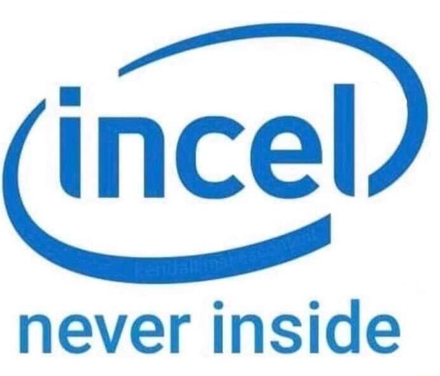 An image of the ole Intel logo, but it says 'Incel. Never inside'