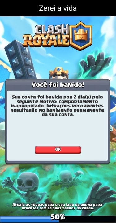 Zerei a vida Você foi banido! Sua conta foi banida por 2 pelo seguinte  Motivo: comportamento inapropriado. Infrações RecoRReNtes resultarão No  banimento perMaNente da sua conta. Atraia as tropas pana seu pana