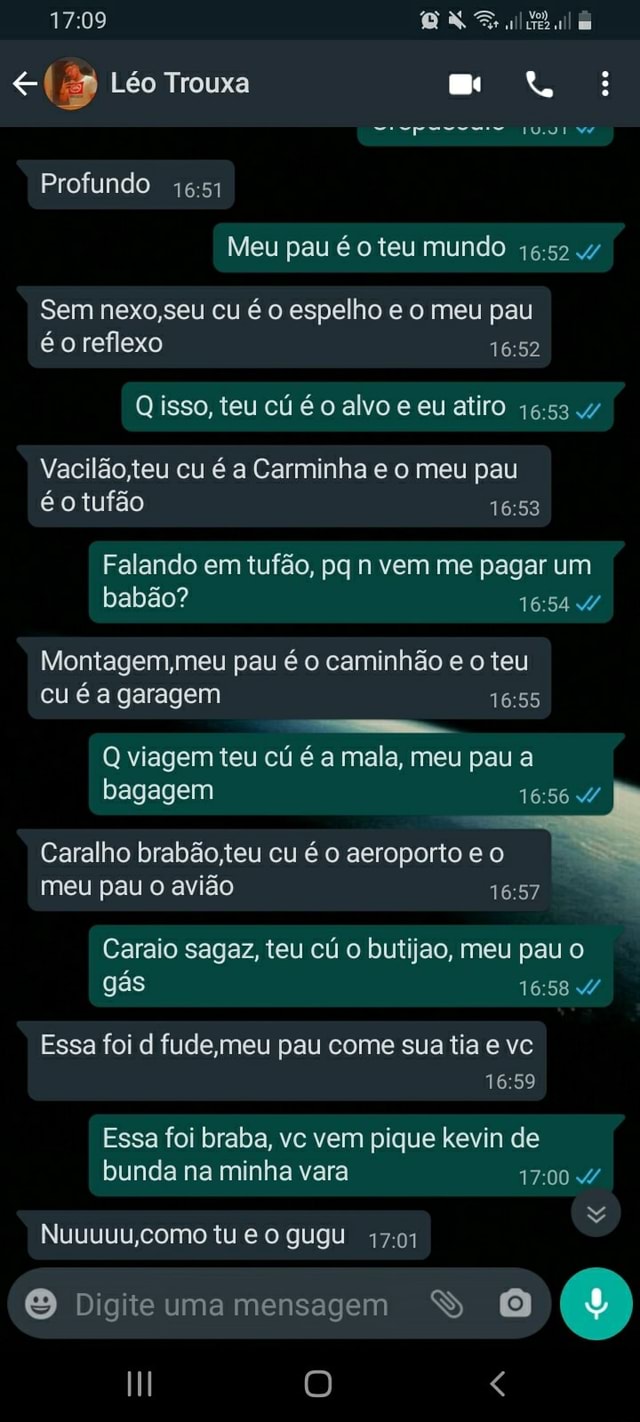 Léo Trouxa Profundo Meu pau é teu mundo Sem nexo, seu cu é o espelho e o meu  pau é o reflexo Vacilão,teu cu é a Carminha e o meu pau é