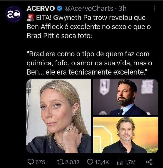 Gwyneth Paltrow chama Brad Pitt de soca fofo e Ben Affleck de excelente  - Jornal de Brasília