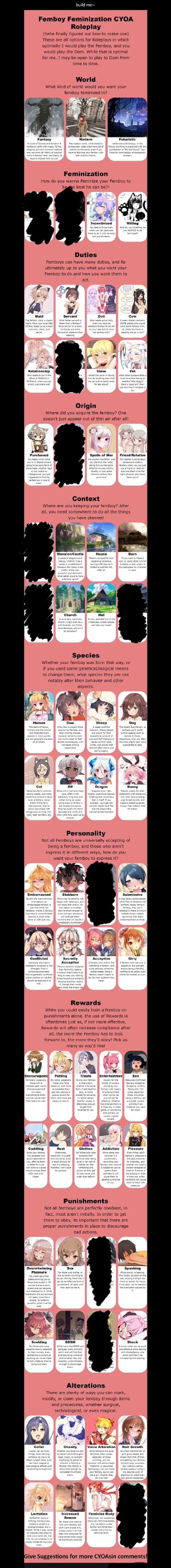 Build me~ Femboy Feminization CYOA Roleplay (hehe finally figured out how  to make one) These are all options for Roleplays in which optimally I would  play the Femboy, and you would play