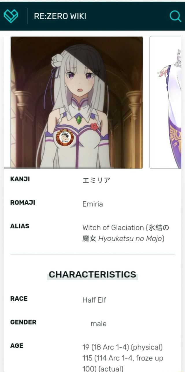 WIKI KANJI ROMAJI ALIAS RACE GENDER AGE Emiria Witch of Glaciation xX  Hyouketsu no Majo) CHARACTERISTICS Half Elf male 19 (18 Arc 1-4) (physical)  115 (114 Arc 1-4, froze up 100) factual) - iFunny Brazil