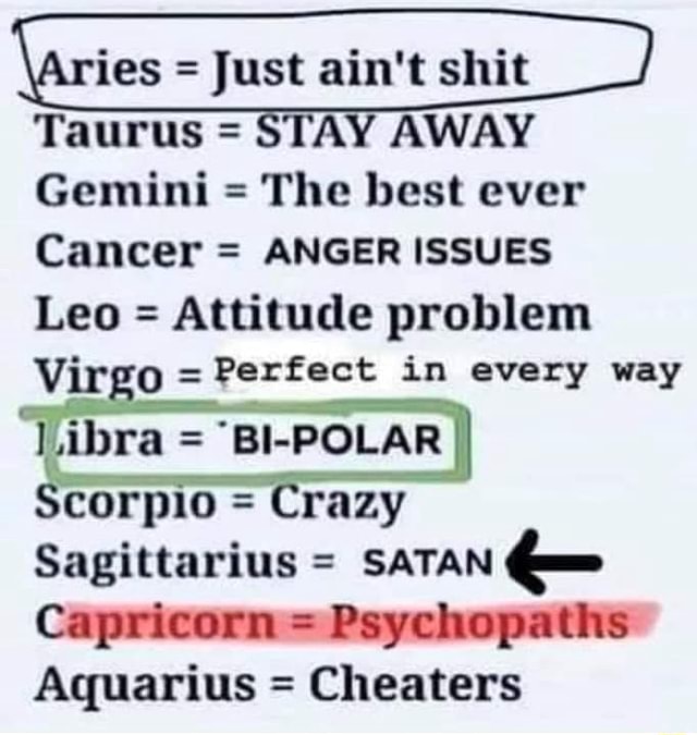 Taurus Aries Just STAY AWAY shit Gemini The best ever Cancer