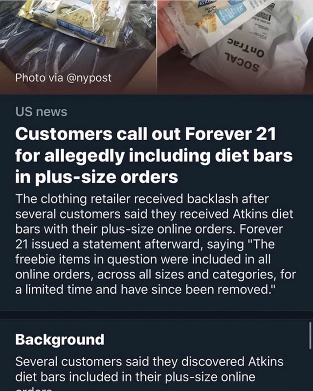 Forever 21 Included Atkins Diet Bars With Plus-Size Orders