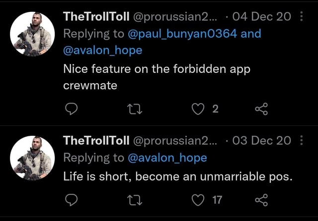 ThelrollToll @prorussian2... -04 Dec 20 3 Replying to @paul_bunyanO364