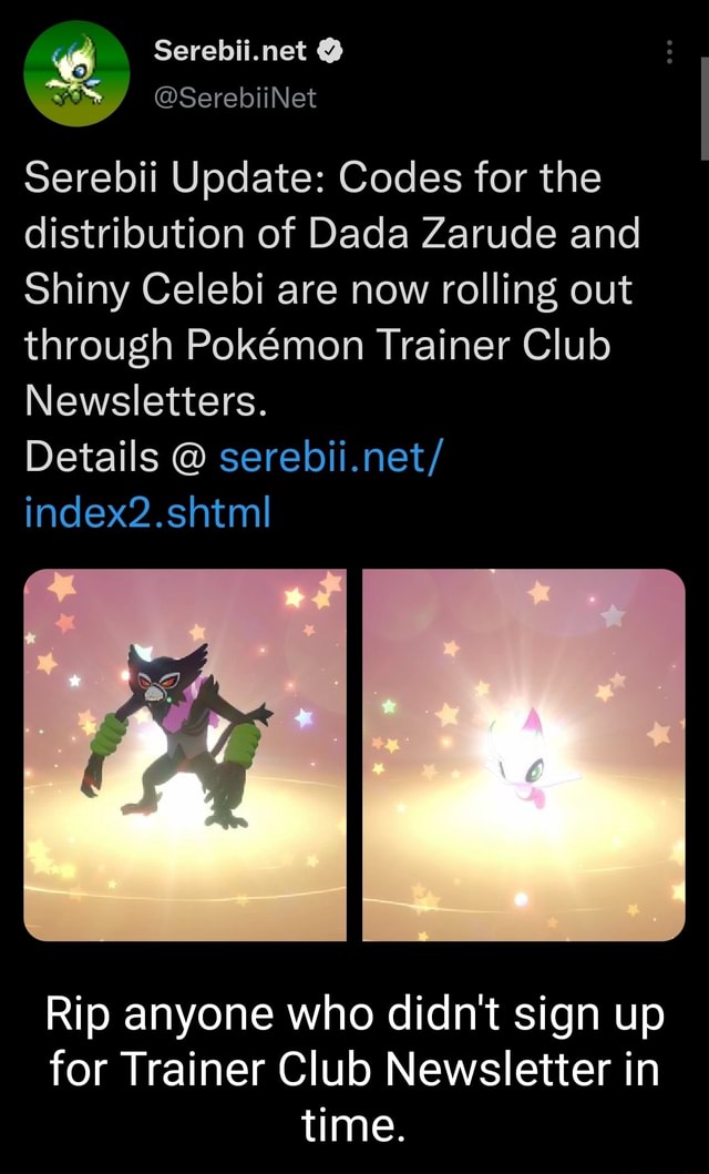 Get Mythical Pokemon Dada Zarude & Celebi (Shiny) via the Pokemon Trainer  Club Newsletter - My Nintendo News