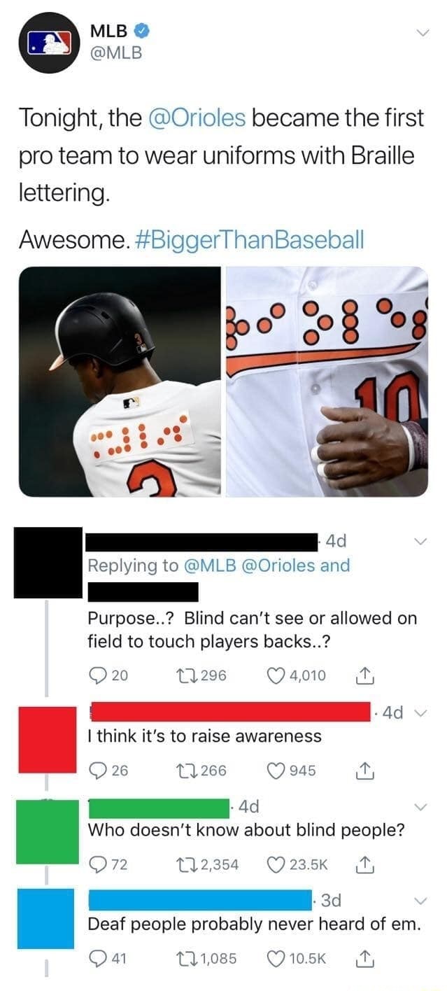 Orioles became the first MLB team to put Braille lettering on the