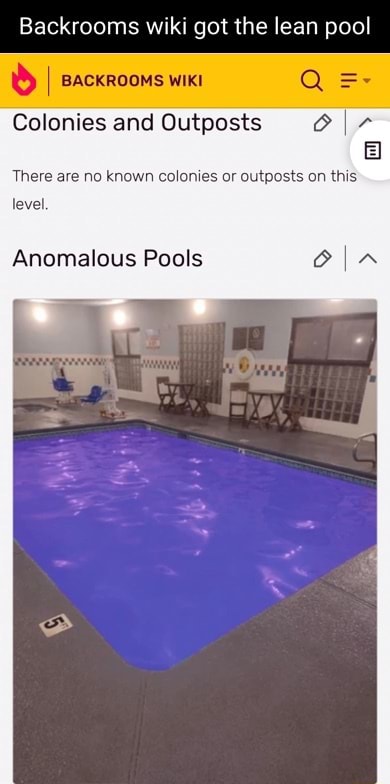 Backrooms wiki got the lean pool BACKROOMS WIKI Colonies and Outposts There  are no known colonies or outposts on this level. Anomalous Pools - iFunny  Brazil
