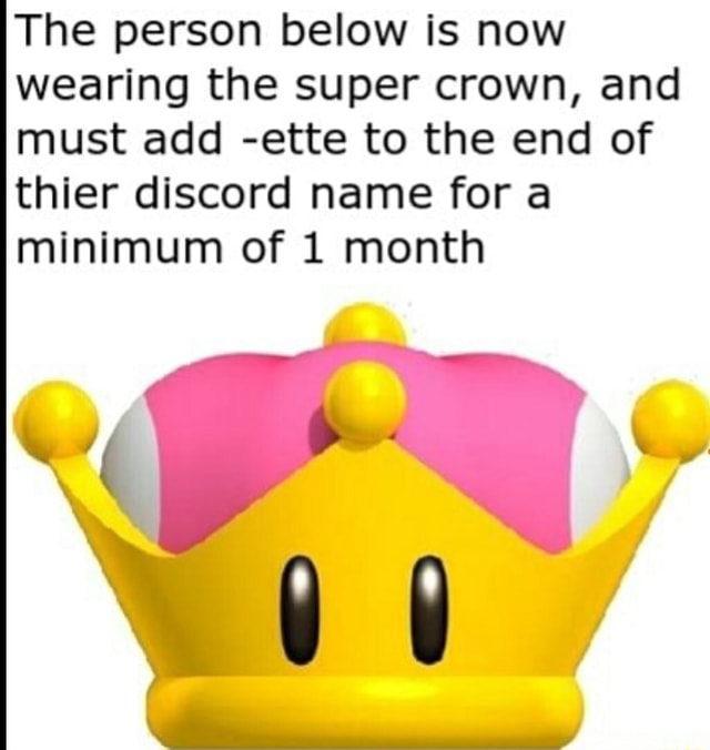 The person below is now wearing the super crown, and must add -ette to the  end of thier discord name for a minimum of 1 month - iFunny Brazil