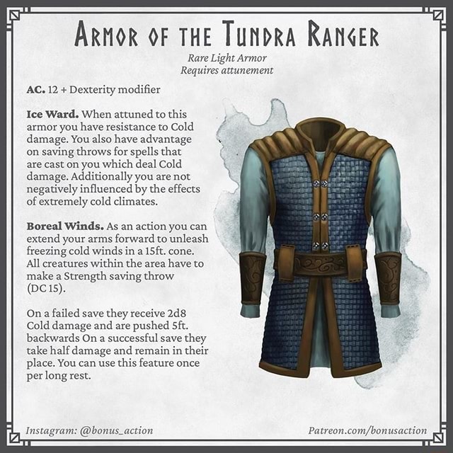 ARMOR OF THE TUNDRA RANGER Rare Light Armor Requires attunement AC. 12