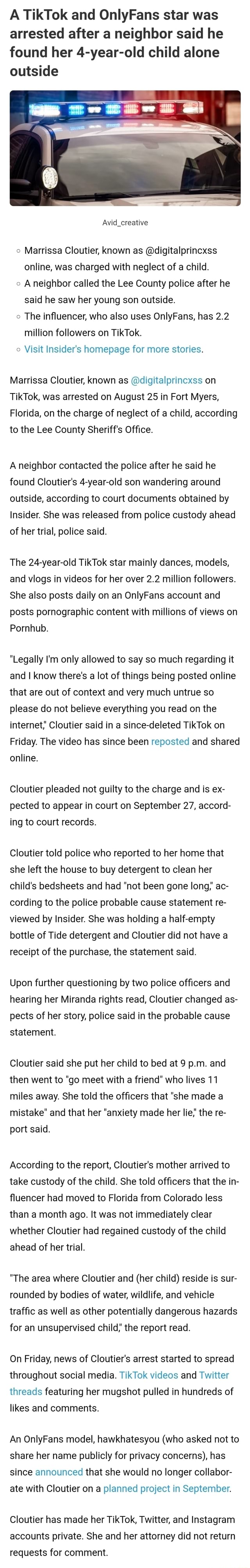 A TikTok and OnlyFans star was arrested after a neighbor said he found her  4-year-old child alone outside SS Avid_creative Marissa Cloutier, known as  @digitalprincxss online, was charged with neglect of a