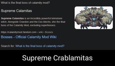 What is the final boss of calamity mod? Supreme Calamitas saprene Cnlamitas  an ower tone wtcn Aeogsce Oredon 30 Mechs she be al eine camy siperse ps  ealanayned com Bosses Bosses 