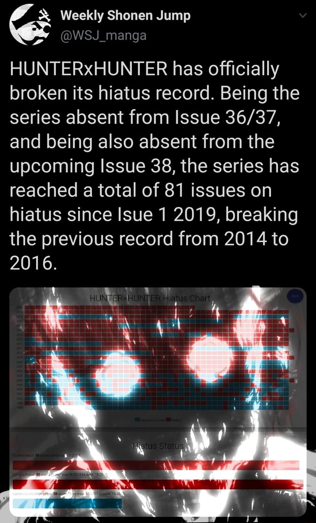 Shonen Jump News on X: HUNTERxHUNTER has officially broken its hiatus  record. Being the series absent from Issue 36/37, and being also absent  from the upcoming Issue 38, the series has reached