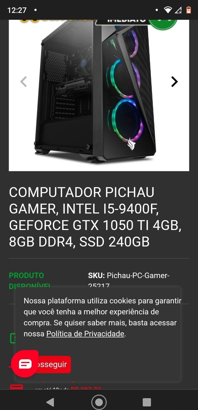 COMPUTADOR PICHAU GAMER, INTEL 15-9400F, GEFORCE GTX 1050 TI DDR4