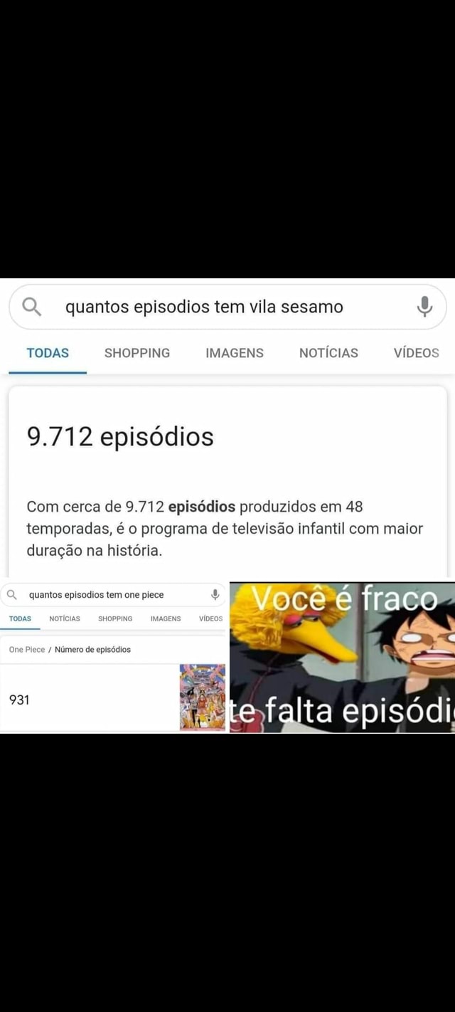 Go gle quantos episodios tem one piece 931 = Go gle quantos episodios tem  vila sesamo 9.712 episódios você fraco - iFunny Brazil