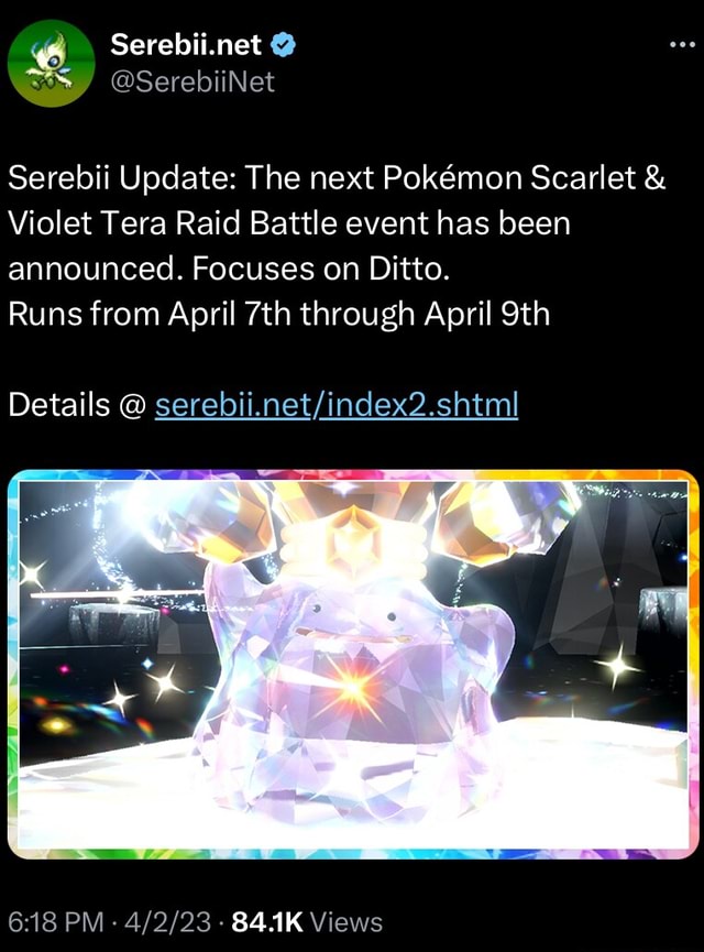 Pokemon Scarlet/Violet Ditto Tera Raid Event Announced For April