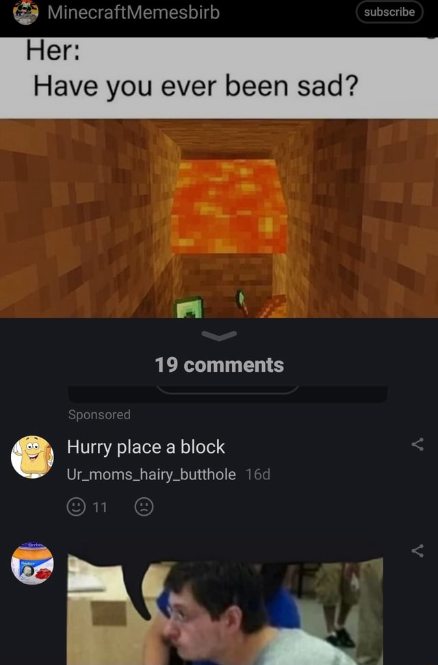 Minecraftmemesbirb Subscribe Her Have You Ever Been Sad 19 Comments Sponsored Hurry Place A