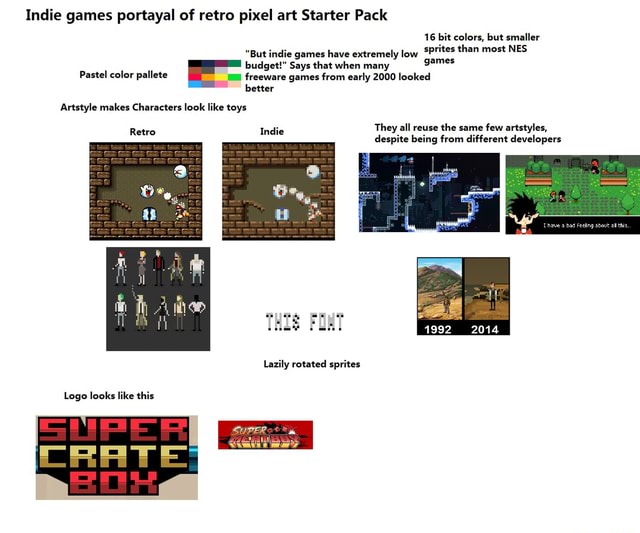 Indie games portayal of retro pixel art Starter Pack 16 bit colors, but