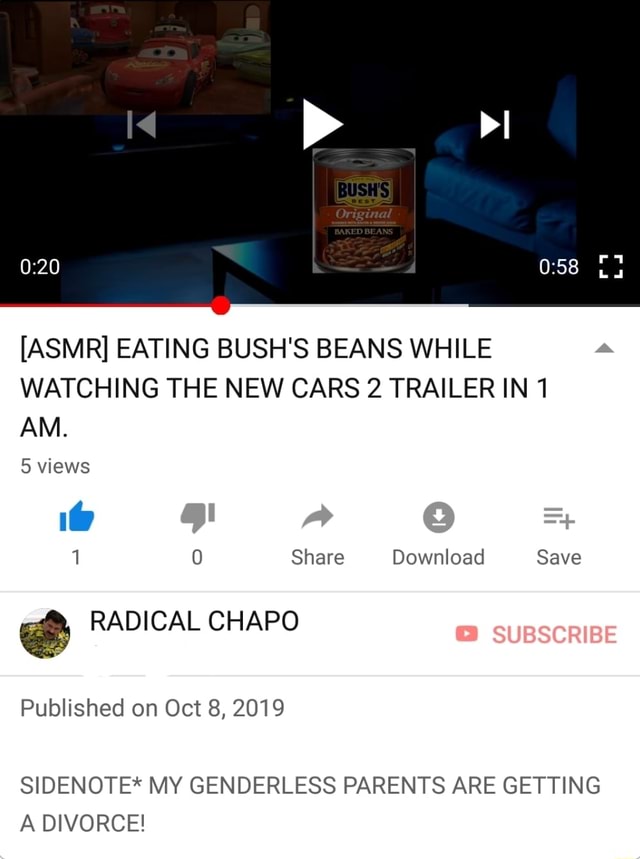 ASMR EATING BUSH S BEANS WHILE WATCHING THE NEW CARS 2 TRAILER