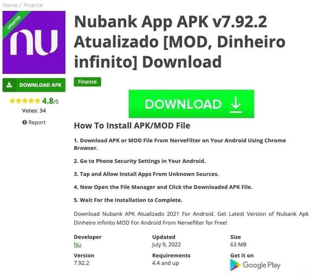 NU DOWNLOAD APK 4.85 Votes: 34 OReporr Nubank App APK v7.92.2 Atualizado  [MOD, Dinheiro infinito] Download DOWNLOAD How To Install File 1. Download  APK or MOD File From NerveFilter on Your Android