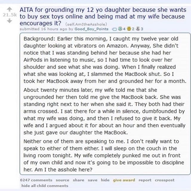 AITA for grounding my 12 yo daughter because she wants to buy sex