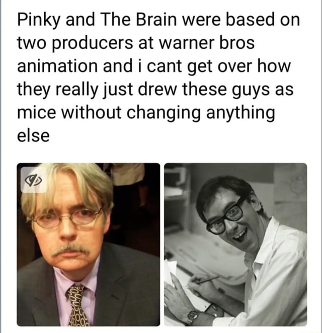 Pinky and The Brain were based on two producers at warner bros animation  and i cant get over how they really just drew these guys as mice without  changing anything else if 