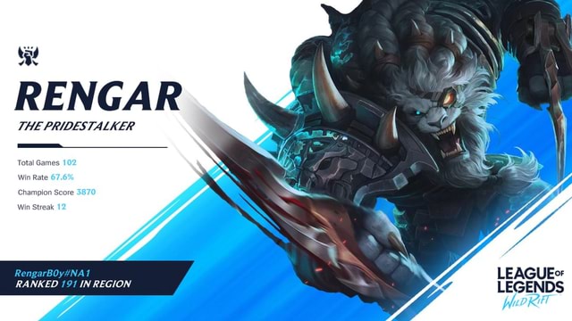 AMA) Just hit Master as well as Top 200 Rengar NA! :D - RENGAR THE  PRIDESTALKER Total Games 102 Win Rate Champion Score 3870 Win Streak 12  LEAGUE RANKED 191 IN REGION LEGENDS - iFunny Brazil