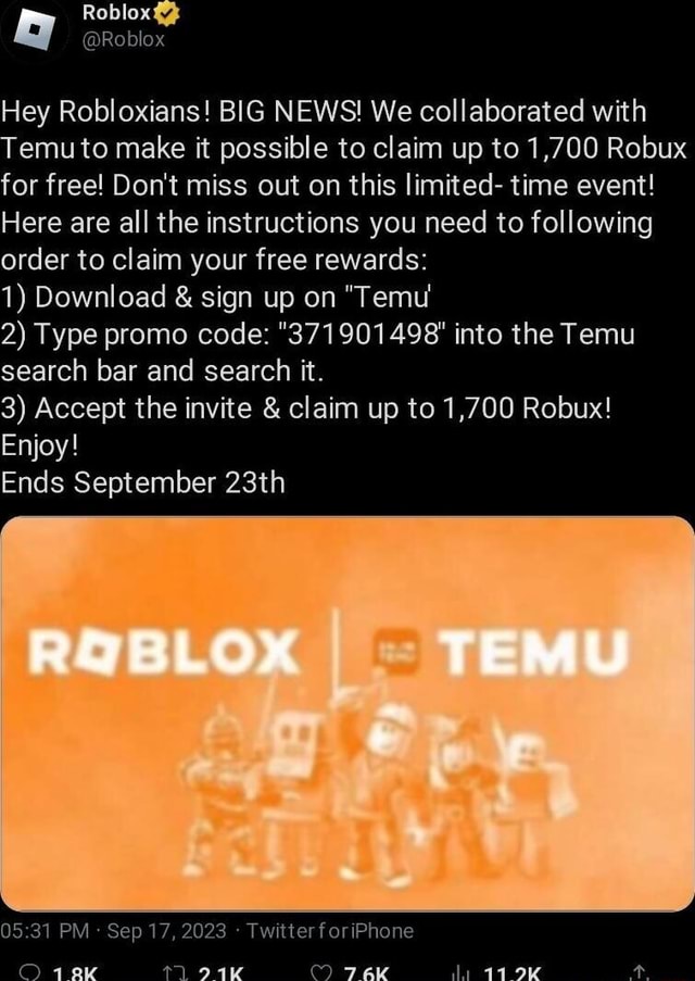 Roblox Hey Robloxians! BIG NEWS! We collaborated with Temu to make it  possible to claim up