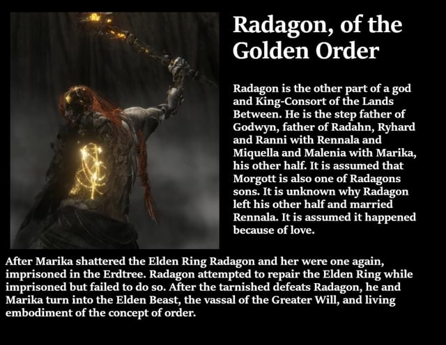 If nobody knew radagon IS marika, why are his and rennalas children  considered demigods by everyone? : r/Eldenring