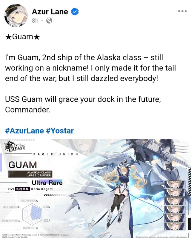 CC Azur Lane @ 7 . * Guam * I'm Guam, ship of the Alaska class still ...