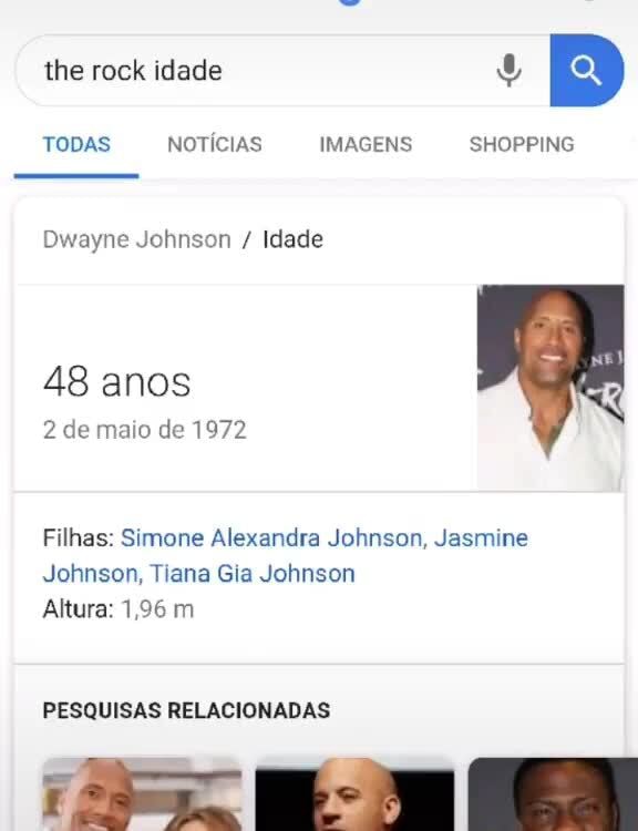 The rock idade J} Dwayne Johnson Idade 48 anos 2 de maio de 1972 Filhas:  Simone Alexandra Johnson, Jasmine Johnson, Tiana Gia Johnson PESQUISAS  RELACIONADAS - iFunny Brazil