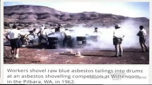 Workers shovel raw blue asbestos tailings into drums at an asbestos ...