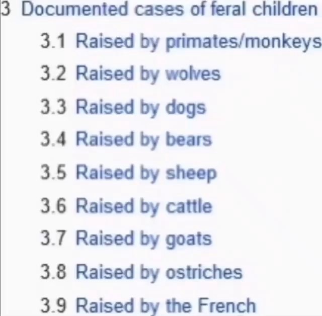 Documented cases of feral children 3.1 Raised by 3.2 Raised by